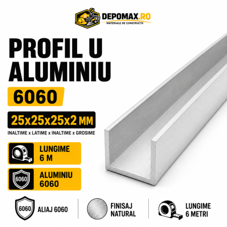 Profil U aluminiu 25 x 25 x 25 x 2 mm, 6 metri